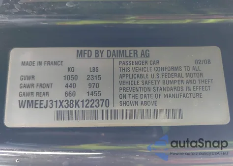 2008 Smart Fortwo Passion/Pure z USA, uszkodzony, nr VIN WMEEJ31X38K122370